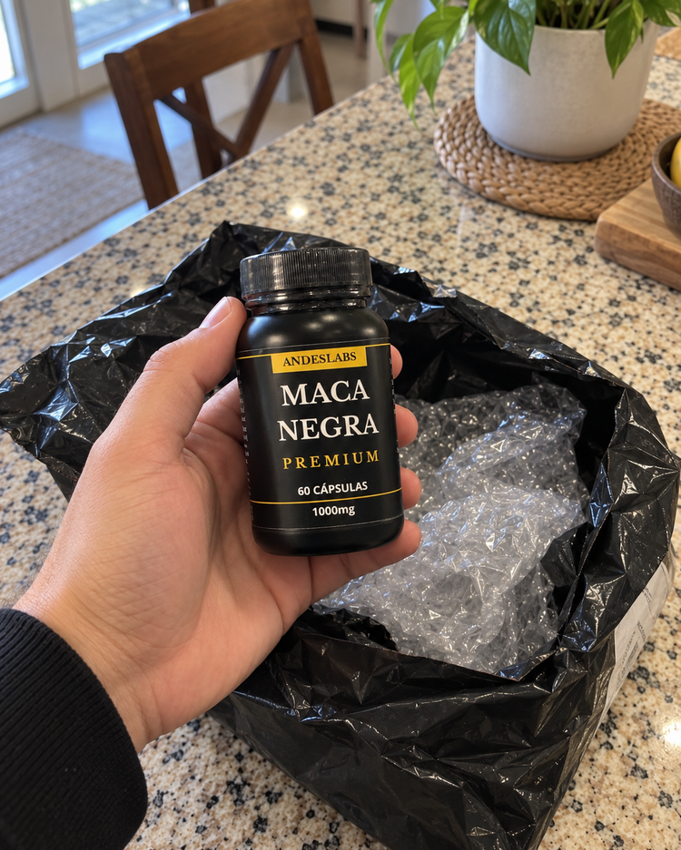 Cliente abriendo el paquete con su frasco de Maca Negra Premium