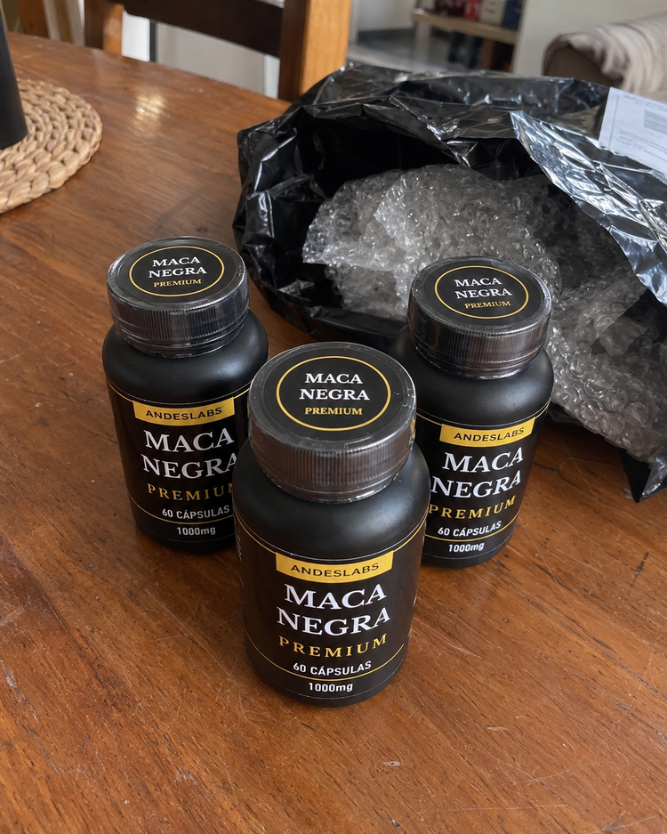 Tres frascos de Maca Negra Premium recién desempacados